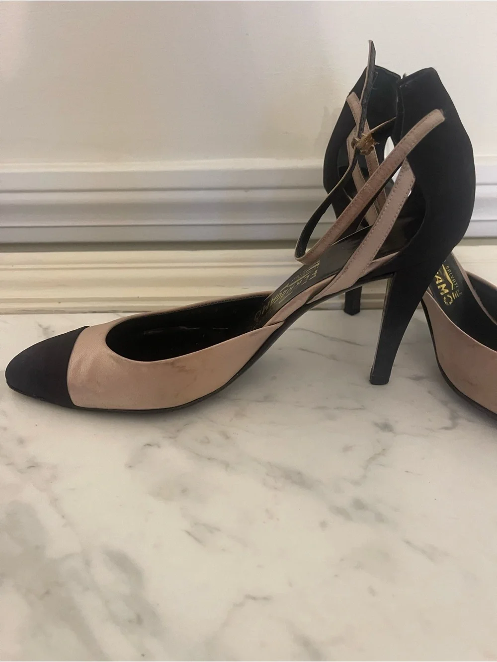 Salvatore Ferragamo Two-Tone Beige and Black Ankle-Strap Pumps